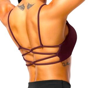 YeoReo Strappy Burgundy Yoga Pilates Sports Bra Size L Removable Pads